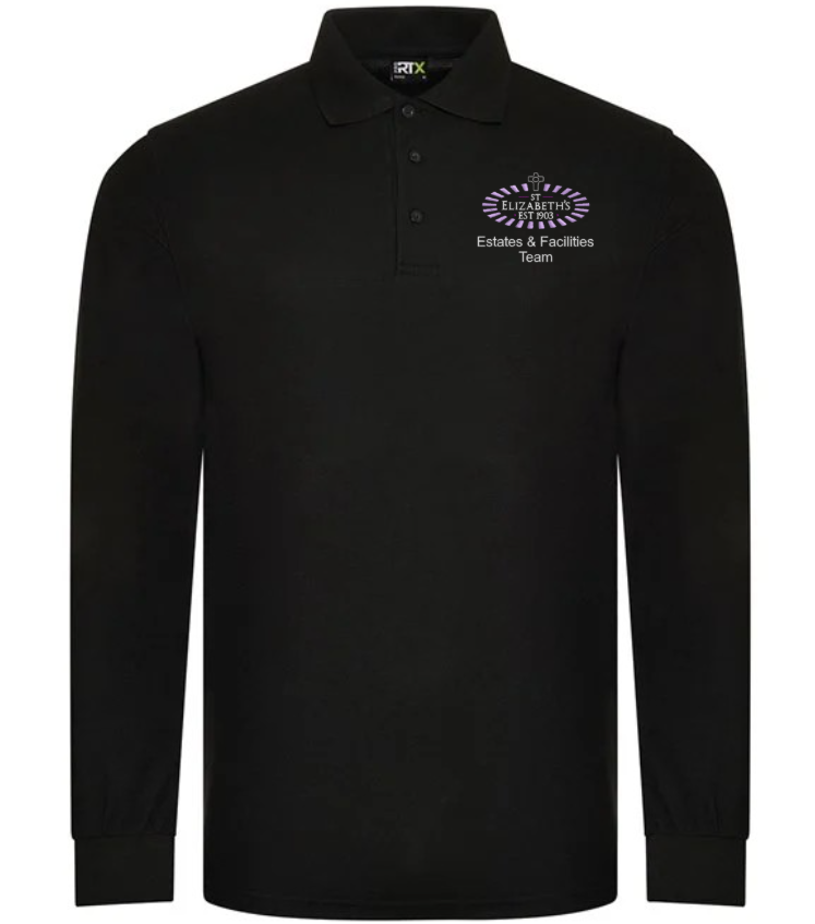 Estates-Facilities-Long-Sleeve-Polo.png St. Elizabeth’s – ESTATES & FACILITIES TEAM – RX102 Long Sleeve Polo– Black ***Non Returnable - Image 1