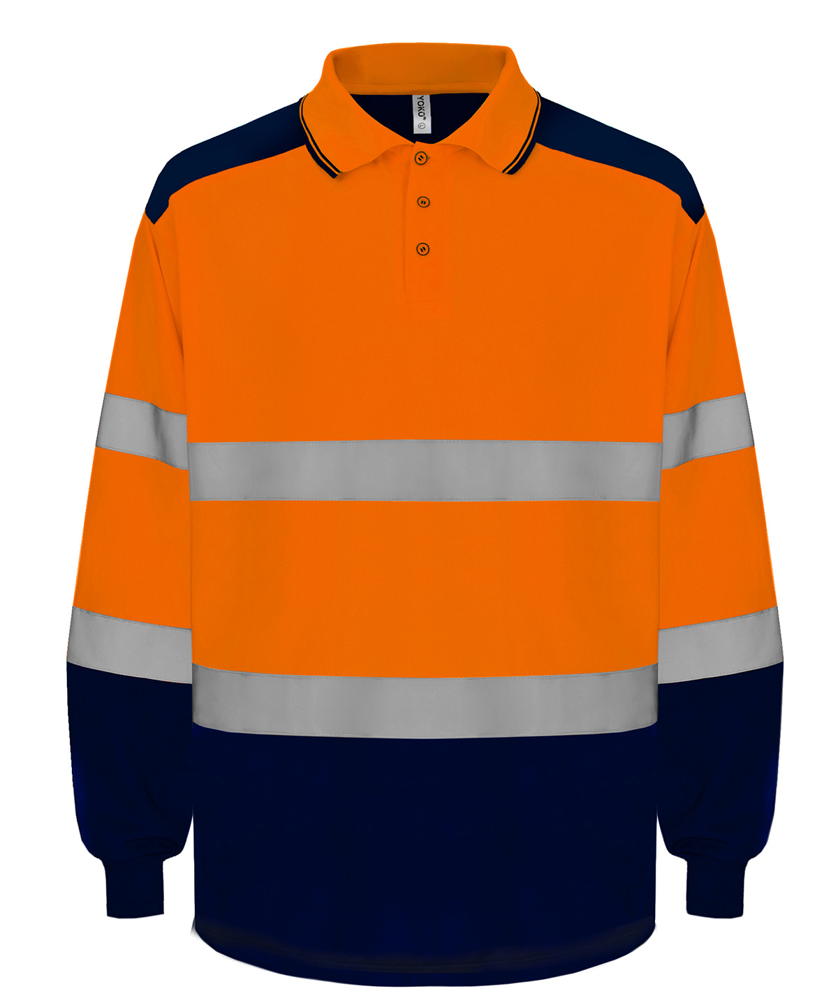 YK055_Hi-visOrange_Navy_FT Hi-vis two-tone long sleeve polo (HVJ330) - Image 1